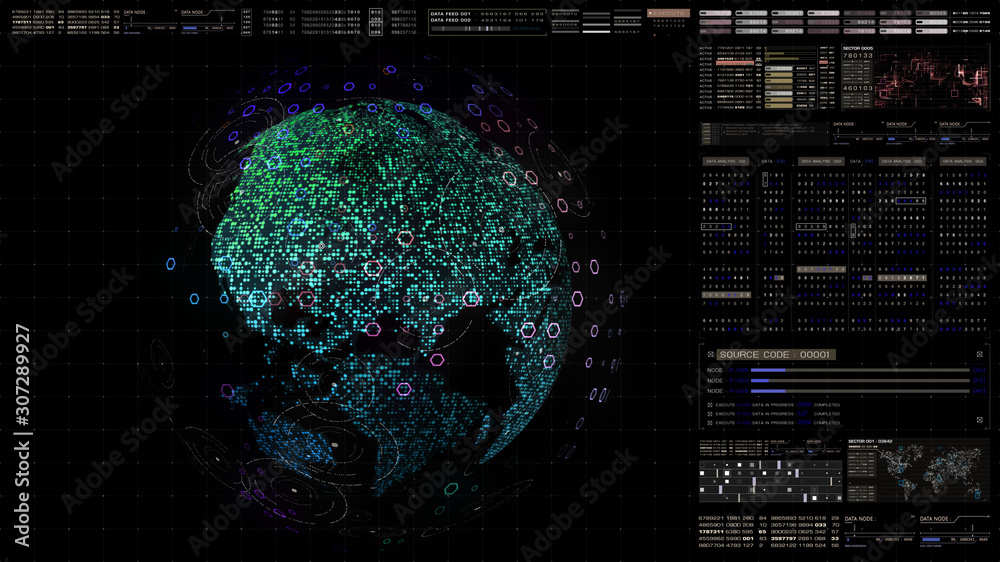 Poster Futuristic HUD global 5G worldwide communication via broadband internet connections between cities around the world with matrix particles continent map for head up display background