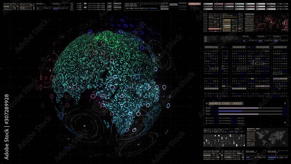 Poster Futuristic HUD global 5G worldwide communication via broadband internet connections between cities around the world with matrix particles continent map for head up display background