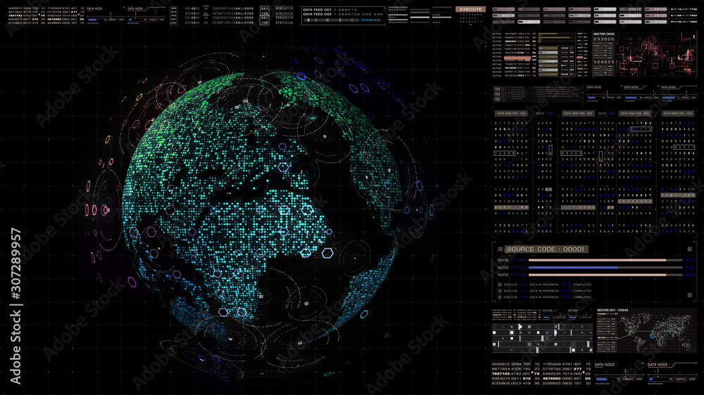 Poster Futuristic HUD global 5G worldwide communication via broadband internet connections between cities around the world with matrix particles continent map for head up display background
