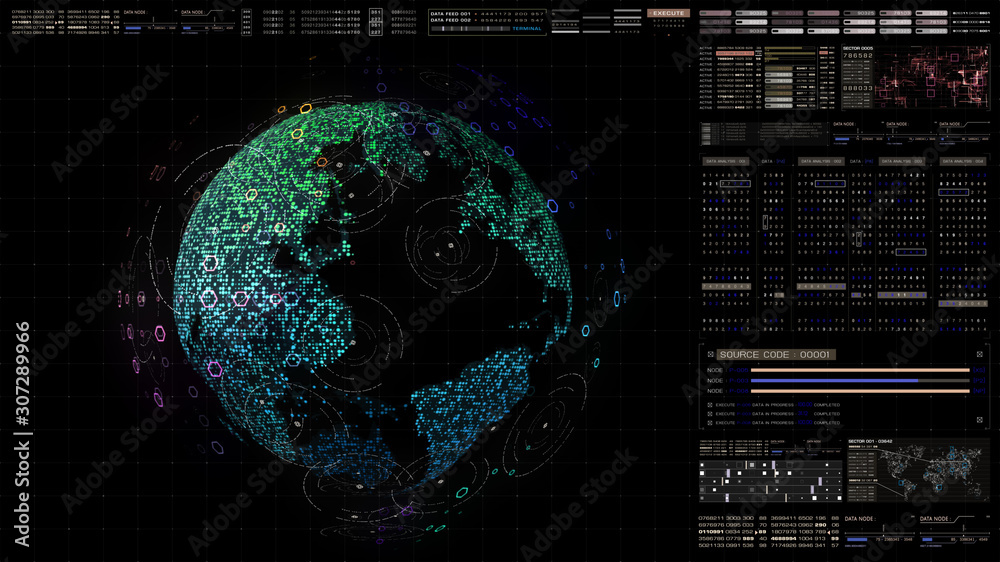 Aufkleber Futuristic HUD global 5G worldwide communication via broadband internet connections between cities around the world with matrix particles continent map for head up display background
