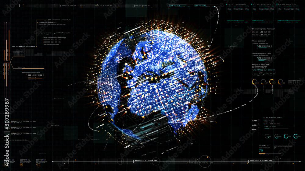 Poster Futuristic HUD global 5G worldwide communication via broadband internet connections between cities around the world with matrix particles continent map for head up display background