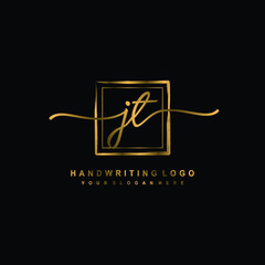 Initial J T handwriting logo design, with brush box lines gold color. handwritten logo for fashion, team, wedding, luxury logo.