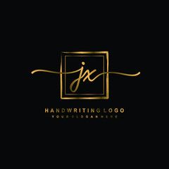 Initial J X handwriting logo design, with brush box lines gold color. handwritten logo for fashion, team, wedding, luxury logo.