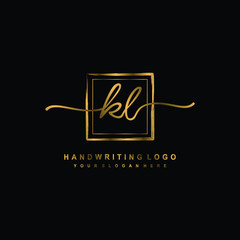 Initial K L handwriting logo design, with brush box lines gold color. handwritten logo for fashion, team, wedding, luxury logo.