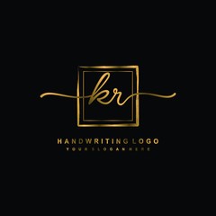 Initial K R handwriting logo design, with brush box lines gold color. handwritten logo for fashion, team, wedding, luxury logo.