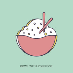 Bowl with porridge vector flat icon. Red and green color with outline concept.