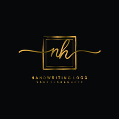 Initial N H handwriting logo design, with brush box lines gold color. handwritten logo for fashion, team, wedding, luxury logo.