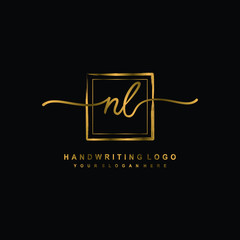 Initial N L handwriting logo design, with brush box lines gold color. handwritten logo for fashion, team, wedding, luxury logo.