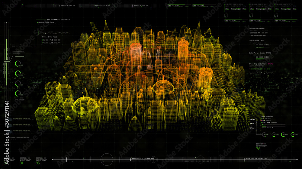 Aufkleber Futuristic holographic city digitally generated image virtual reality matrix particles in cyber space background environment