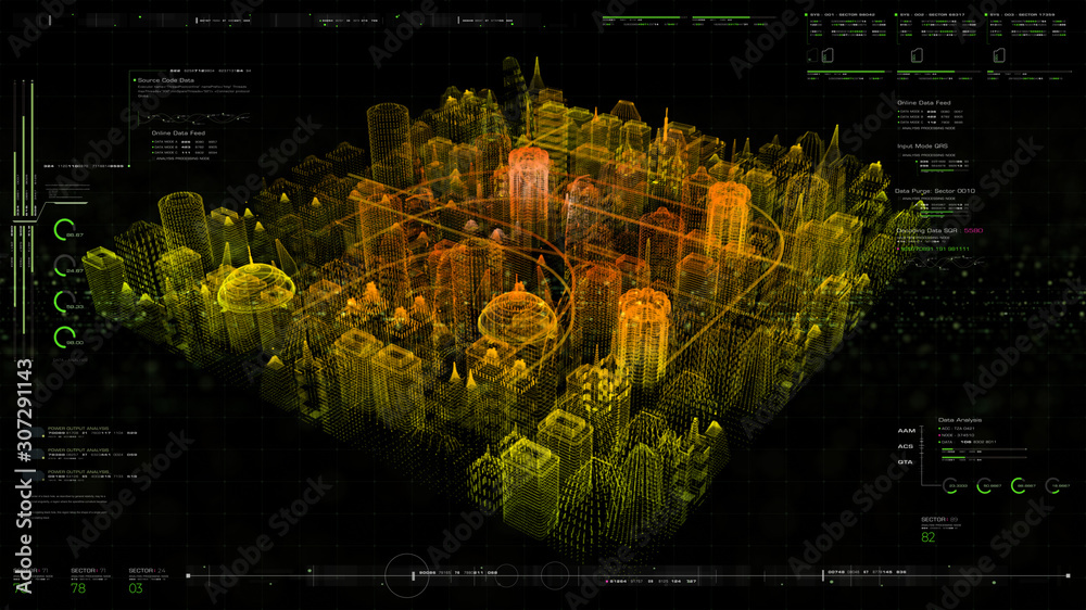 Poster Futuristic holographic city digitally generated image virtual reality matrix particles in cyber space background environment