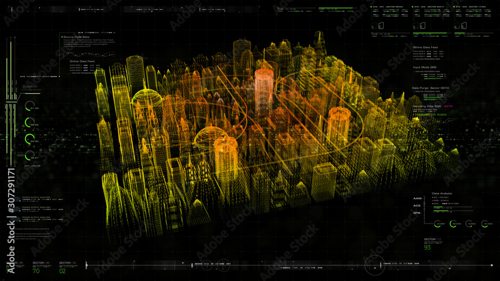 Poster Futuristic holographic city digitally generated image virtual reality matrix particles in cyber space background environment