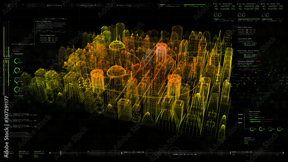 Poster futuristic holographic city digitally generated image virtual reality matrix particles in cyber spac