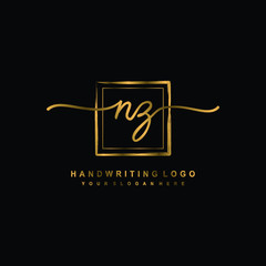 Initial N Z handwriting logo design, with brush box lines gold color. handwritten logo for fashion, team, wedding, luxury logo.