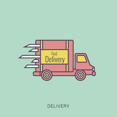 Fast shipping delivery truck flat vector icon for apps and websites. Red and green color with outline concept.