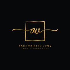 Initial O V handwriting logo design, with brush box lines gold color. handwritten logo for fashion, team, wedding, luxury logo.