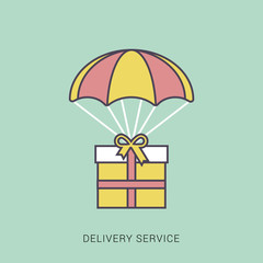 Delivery Services and E-Commerce. Packages flies in a air balloon. Red and green color with outline concept.