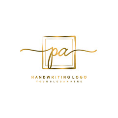 Initial P A handwriting logo design, with brush box lines gold color. handwritten logo for fashion, team, wedding, luxury logo.