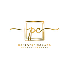 Initial P C handwriting logo design, with brush box lines gold color. handwritten logo for fashion, team, wedding, luxury logo.