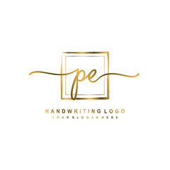 Initial P E handwriting logo design, with brush box lines gold color. handwritten logo for fashion, team, wedding, luxury logo.