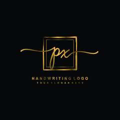 Initial P X handwriting logo design, with brush box lines gold color. handwritten logo for fashion, team, wedding, luxury logo.