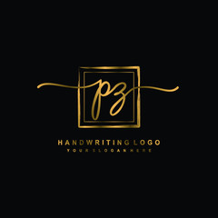 Initial P Z handwriting logo design, with brush box lines gold color. handwritten logo for fashion, team, wedding, luxury logo.