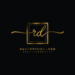 Initial R D handwriting logo design, with brush box lines gold color. handwritten logo for fashion, team, wedding, luxury logo.