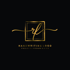 Initial R F handwriting logo design, with brush box lines gold color. handwritten logo for fashion, team, wedding, luxury logo.