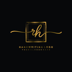Initial R H handwriting logo design, with brush box lines gold color. handwritten logo for fashion, team, wedding, luxury logo.