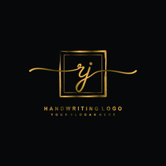 Initial R J handwriting logo design, with brush box lines gold color. handwritten logo for fashion, team, wedding, luxury logo.