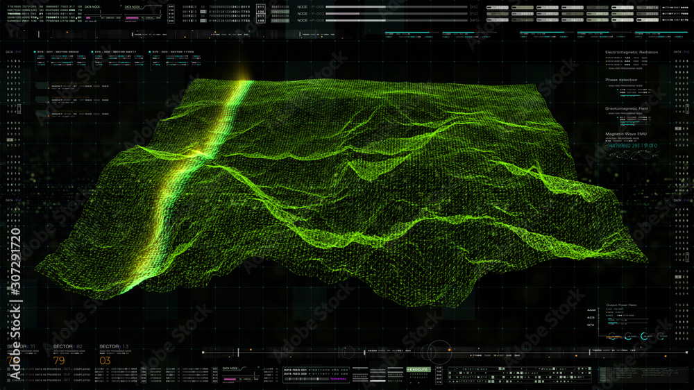 Poster advance motion graphic holographic terrain environment, geomorphology, topography and digital data t