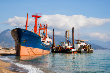 Cargo ship aground on Anamur shore waiting for rescue