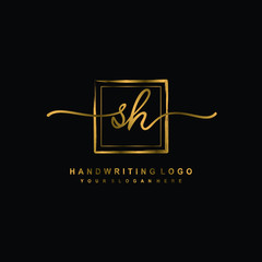 Initial S H handwriting logo design, with brush box lines gold color. handwritten logo for fashion, team, wedding, luxury logo.