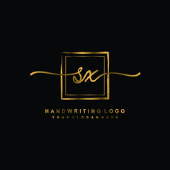 Initial S X handwriting logo design, with brush box lines gold color. handwritten logo for fashion, team, wedding, luxury logo.