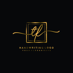 Initial T F handwriting logo design, with brush box lines gold color. handwritten logo for fashion, team, wedding, luxury logo.