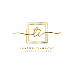 Initial T I handwriting logo design, with brush box lines gold color. handwritten logo for fashion, team, wedding, luxury logo.