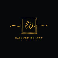 Initial T V handwriting logo design, with brush box lines gold color. handwritten logo for fashion, team, wedding, luxury logo.