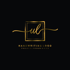 Initial U L handwriting logo design, with brush box lines gold color. handwritten logo for fashion, team, wedding, luxury logo.