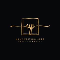 Initial U P handwriting logo design, with brush box lines gold color. handwritten logo for fashion, team, wedding, luxury logo.