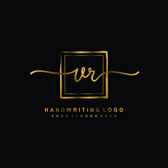Initial V R handwriting logo design, with brush box lines gold color. handwritten logo for fashion, team, wedding, luxury logo.