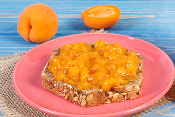Sandwich with natural apricot jam and fruits, concept for healthy snack