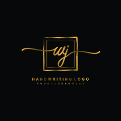 Initial W J handwriting logo design, with brush box lines gold color. handwritten logo for fashion, team, wedding, luxury logo.