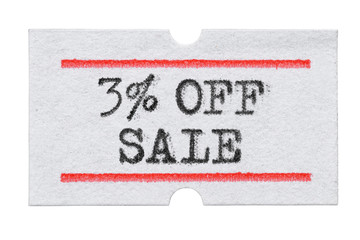 3 % OFF Sale printed on price tag sticker isolated on white