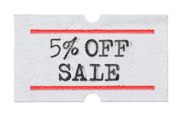 5 % OFF Sale printed on price tag sticker isolated on white