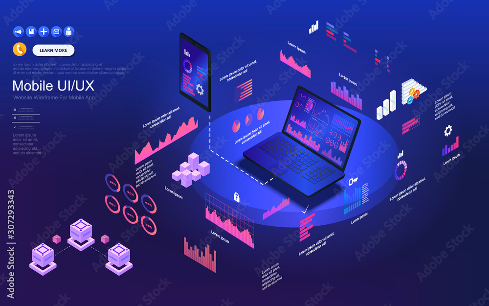 Poster application of laptop with business graph and analytics data on isometric laptop . analysis trends a
