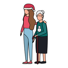 cute grandmother with daughter using christmas hat