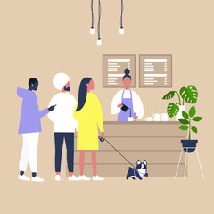 Modern coffeeshop scene, A line of characters waiting at the counter, lifestyle illustration