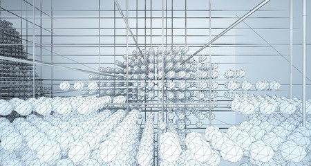 Drawing abstract architectural white interior from an array of spheres with large windows. 3D illustration and rendering.