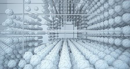 Drawing abstract architectural white interior from an array of spheres with large windows. 3D illustration and rendering.