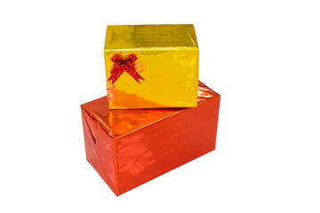 yellow and red boxes for holiday gifts on a white background