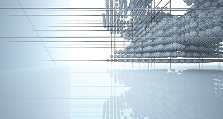 Drawing abstract architectural white interior from an array of spheres with large windows. 3D illustration and rendering.